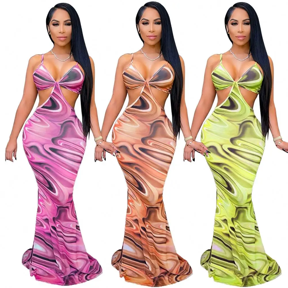 

Summer Fashion Women Sexy Halter Hollow Out Tie Dye Printed Bodycon Dress Sleeveless Cut Out Beach Slip Dress Maxi Club Dresses, Picture color