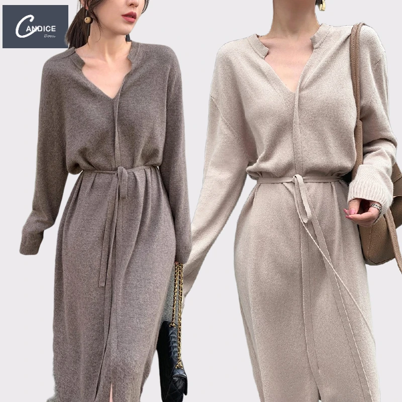 

Candice over the knee drawstring waist temperament slim vintage korean fall women sweater dresses knit