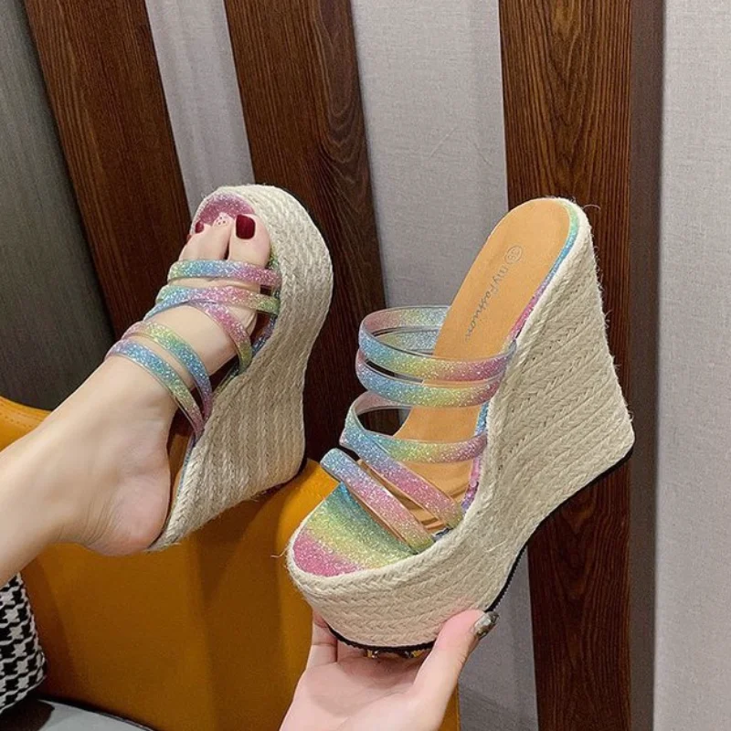 

Ultra high wedge heel multi-strap women glitter sandals platform peep toe lady espadrille mules catwalk female PVC slides