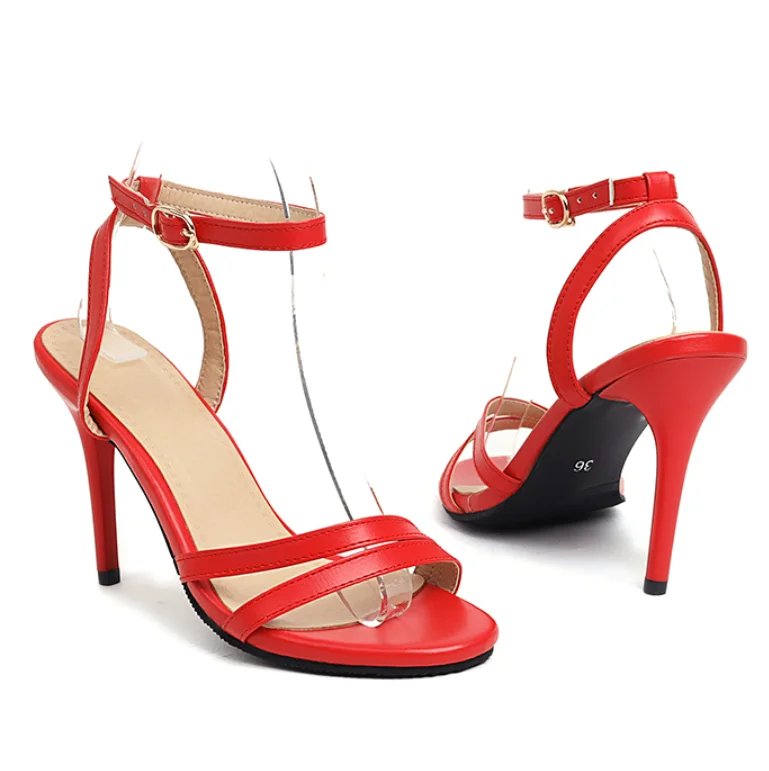 

2021 spring new ankle buckle strap ladies pointed toe stiletto sandals European and American large size wholesale, White ,green, black, red