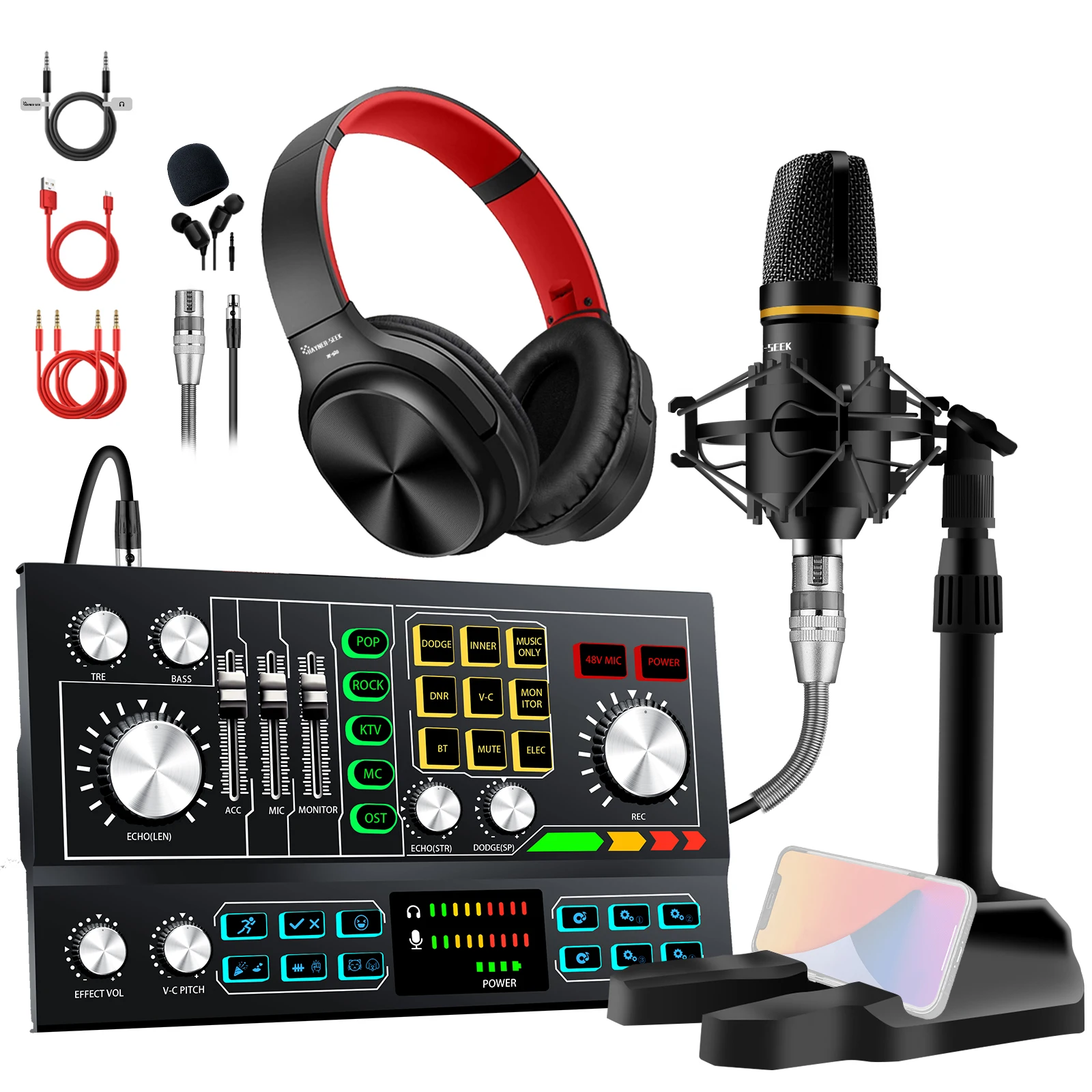

Recording Studio Sound Card Mixer Full Set Live Streaming Kit With 48V Condenser Microphone