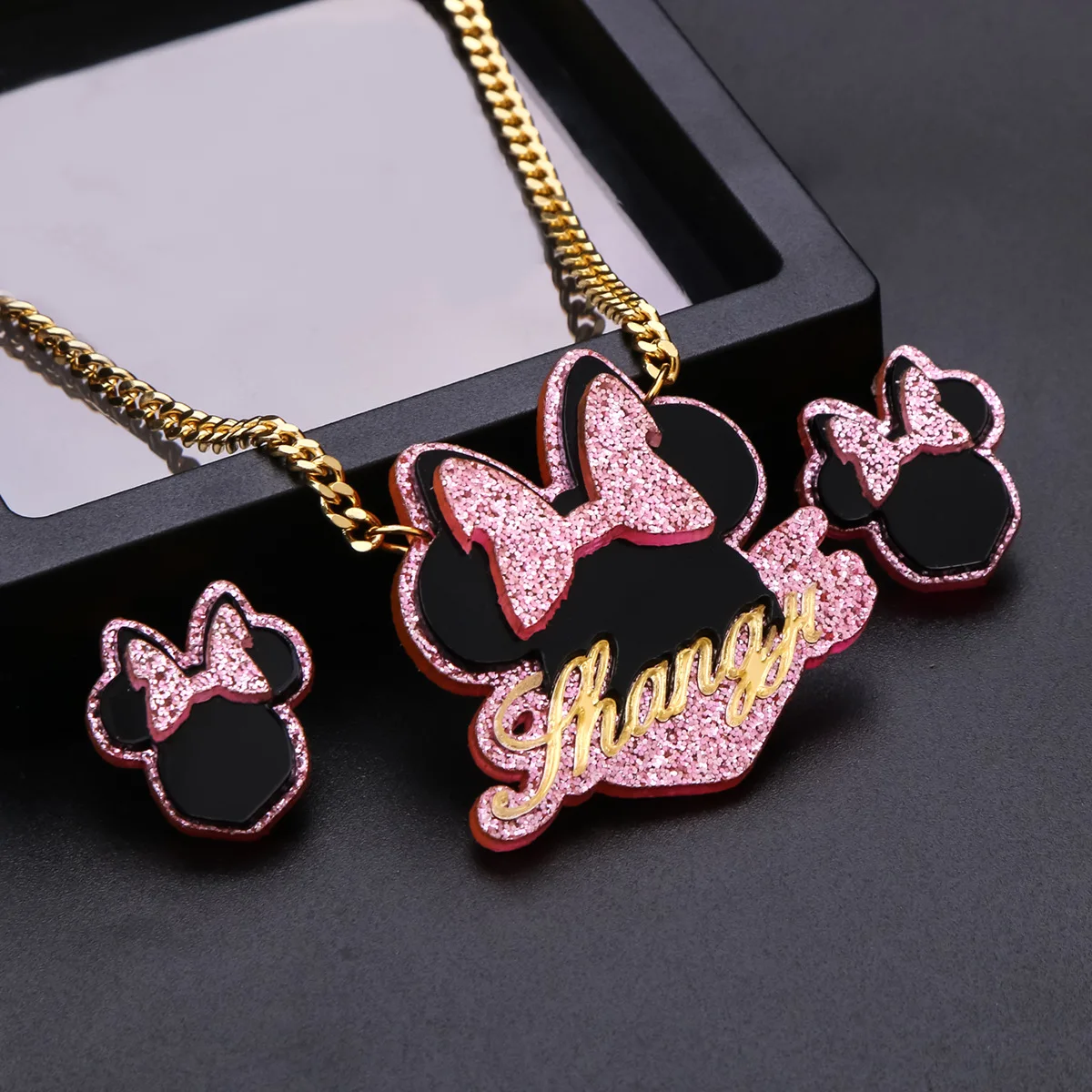 

New Arrival Children Acrylic Double Plated Name Necklace Set Collar Con Nombre Carton Custom Name Plate Necklace