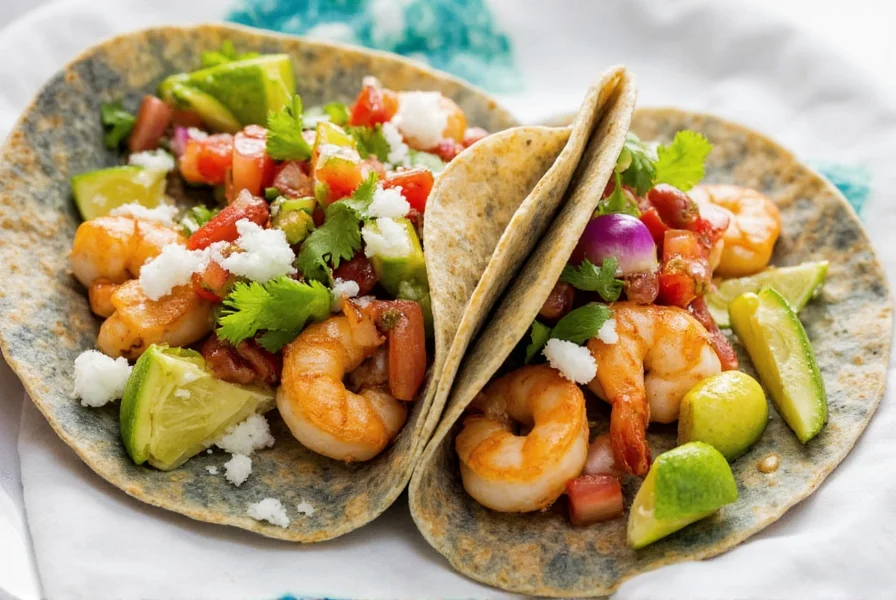 Chili lime shrimp tacos with avocado and fresh salsa on blue corn tortillas