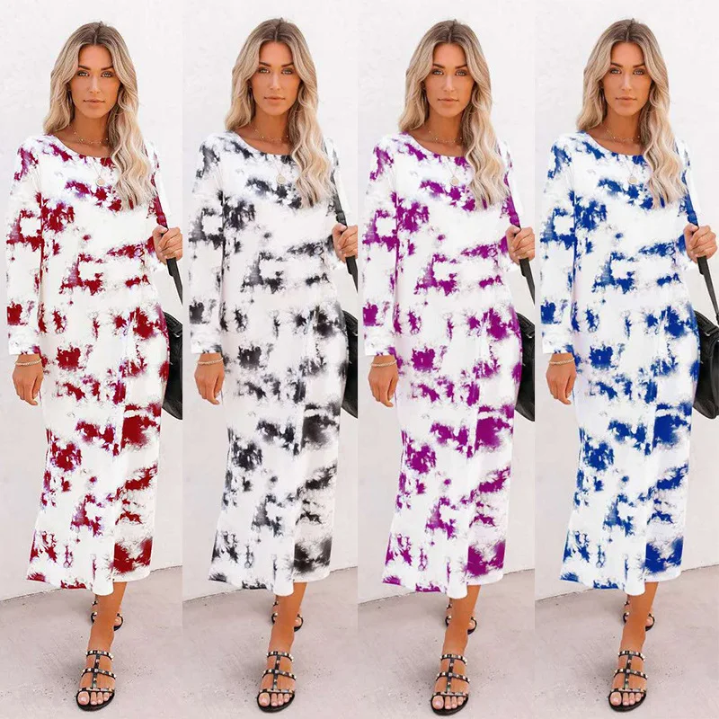 

High Quality Autumn fashion Casual Printing Dyed Sexy Long Sleeved Maxi Plus Size Dress Women's Clothing, Customized color