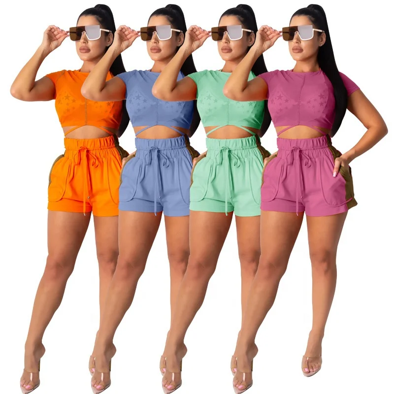 

B63001A 2020 summer European and American fashion casual short slim mesh sports suit, Pink/orange/blue/green