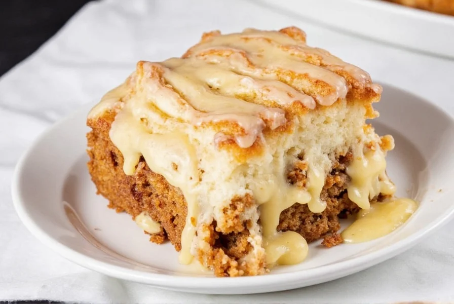 Sliced cinnamon bun cake showing distinct swirl pattern, served on a white plate with coffee