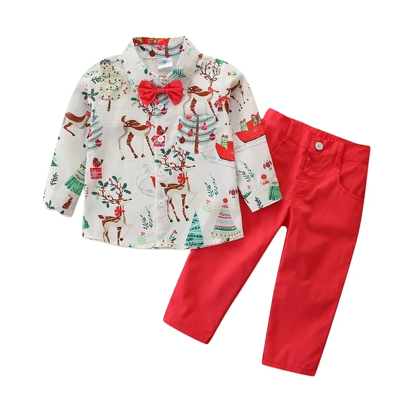 

Foreign trade wear Autumn suit gentleman suit printed shirt trousers handsome 2 piece baby boys christmas clothes for wholesale, As pic shows, we can according to your request also