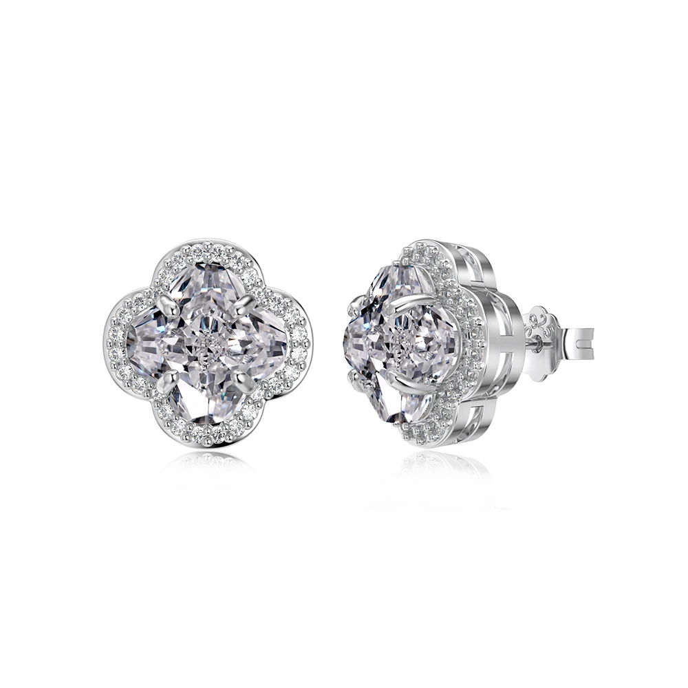 Dylam Dazzling Fashion Fine Hypoallergenic Jewelry Women S925 Silver Rhodium Plated 5A Zirconia Four-leaf Clover Stud Earrings