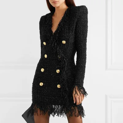 

fall 2021 women clothes fashion deep V neck tweed fabric tassel trimmed luxury women fall career dresses