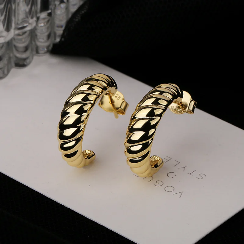 

Fashion Twisted Croissant S925 Open Hoop Earrings Gold Plating Textured 925 Sterling Silver C Shape Circle Earrings