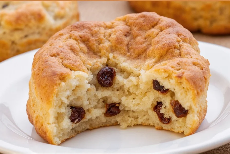 Close-up photograph of Hardee's cinnamon raisin biscuit showing flaky layers, visible raisins, and cinnamon sugar coating on white plate