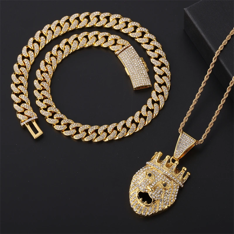 

Hip Hop Icy Choker Necklace Jewelry Set Men Iced Out Gold Plated Rhinestone Diamond Crown Lion Pendant With Cuban Link CHAIN