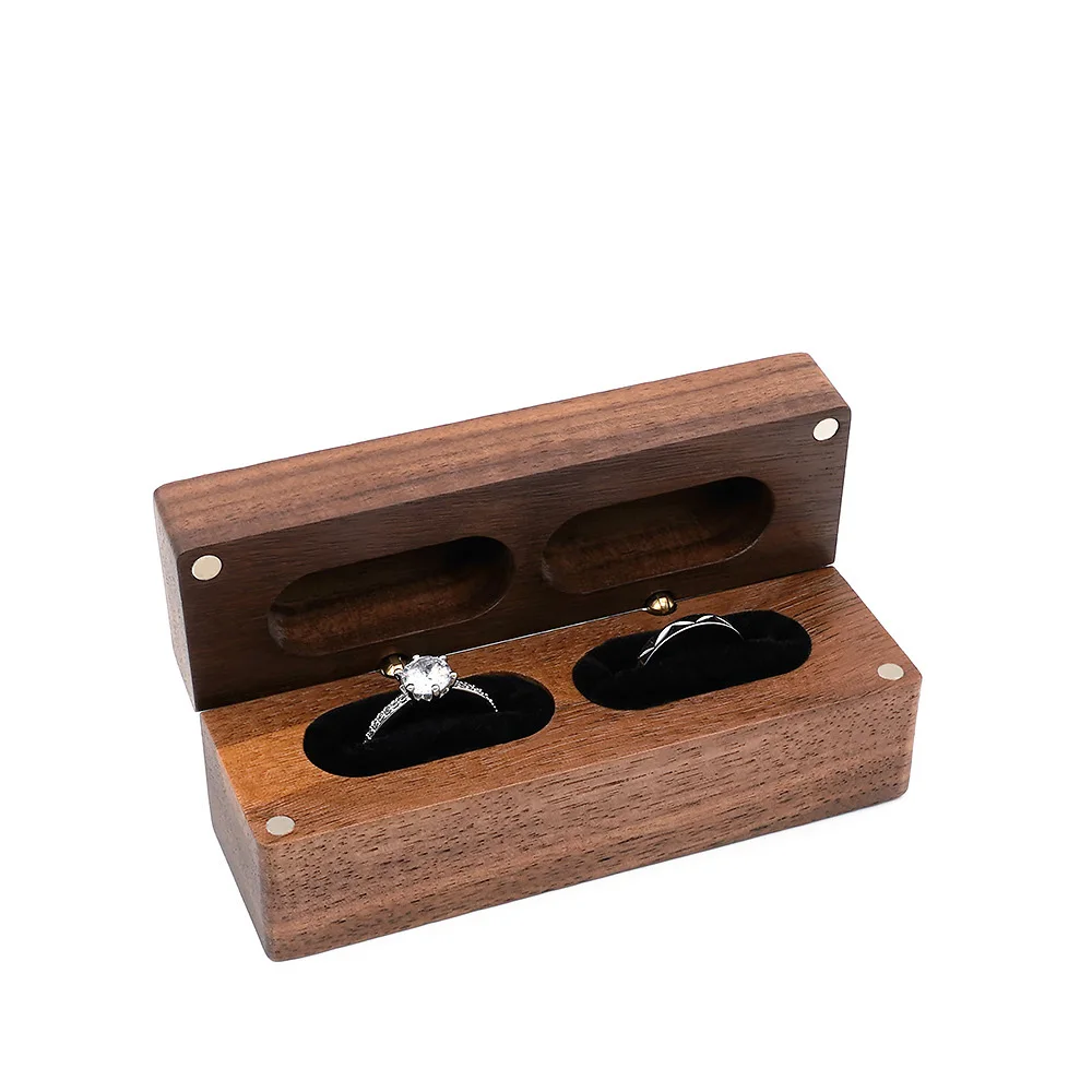 

Personalized Rustic Wedding Engagement Walnut Wood Ring Boxes Ring Bearer Double Slots Ring Box
