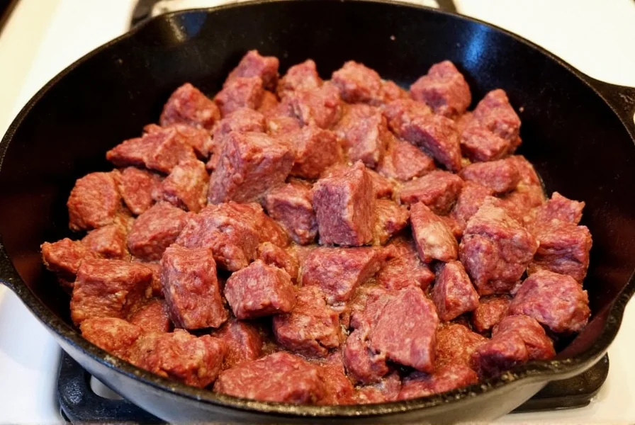 Perfectly browned beef cubes in cast iron skillet for chili recipe
