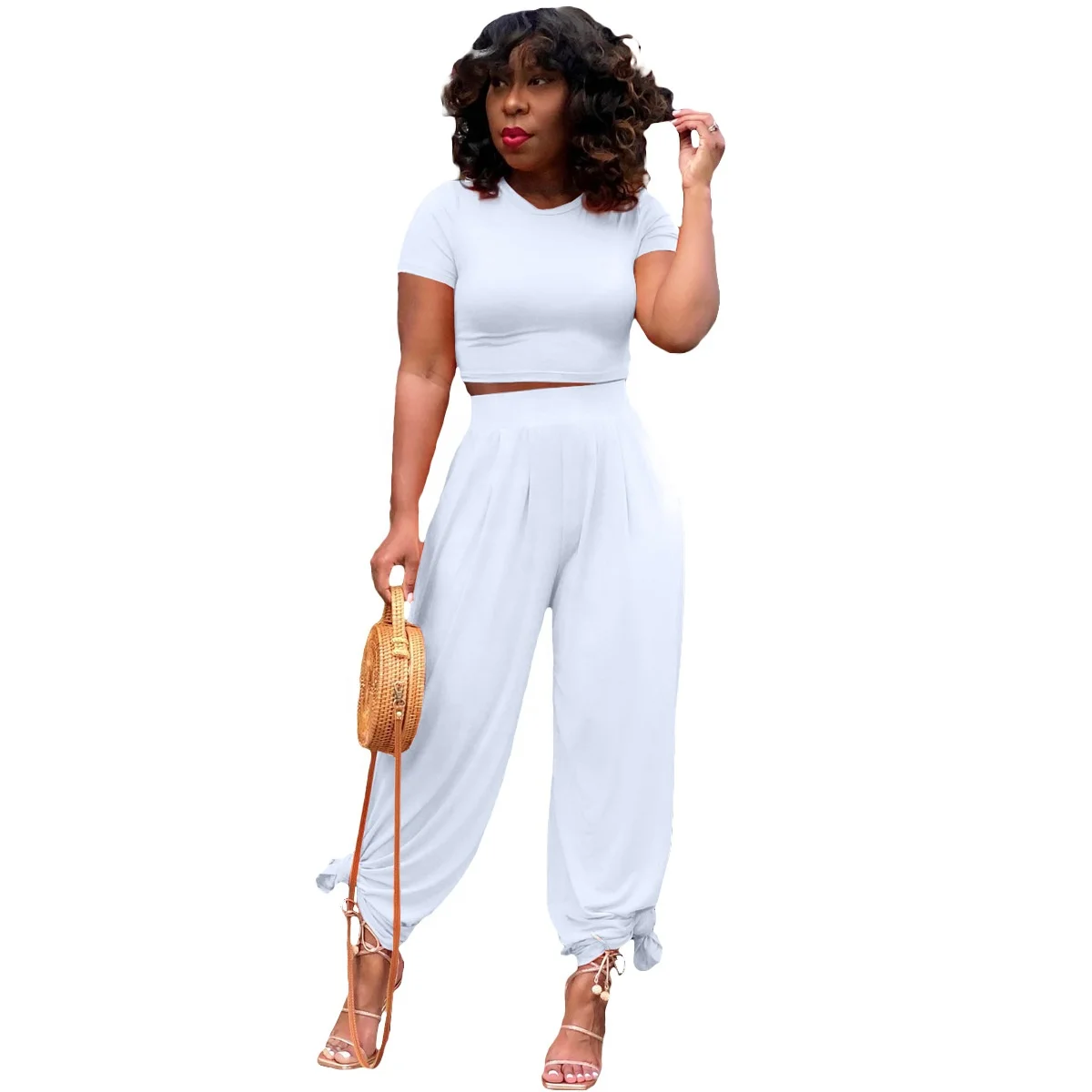 

QC-CH8214 In stock women solid color high waist top and flare pants casual girl summer two sets, As picture or customized make