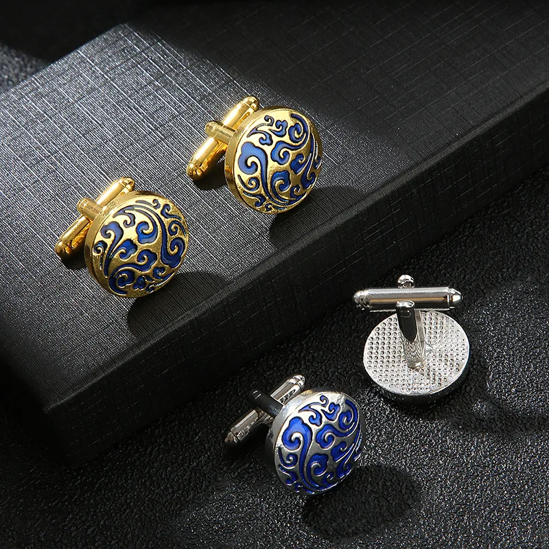 Men's Business Accessory Fashion Cufflinks with Round Pattern Carved French Alloy Men's Cufflinks