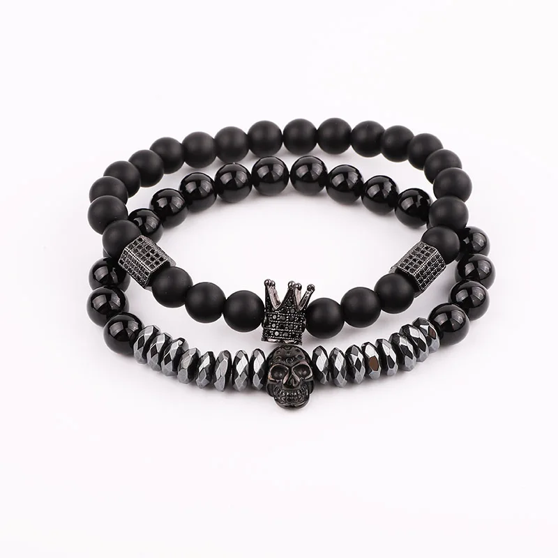 

High Quality Stainless Steel Skull CZ Pave Crown Charms Natural Matte Agate Stone Hematite Beaded Stretch Bracelet Men