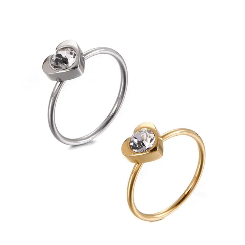 

Fashion Korean Simple Heart Zircon Stainless Steel Ring Wedding Couple Rings Gold Plated For Women, Customized color