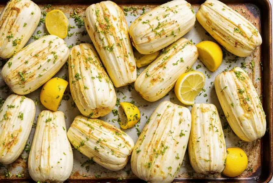 Perfectly roasted fennel bulbs with lemon slices and fresh herbs on baking sheet