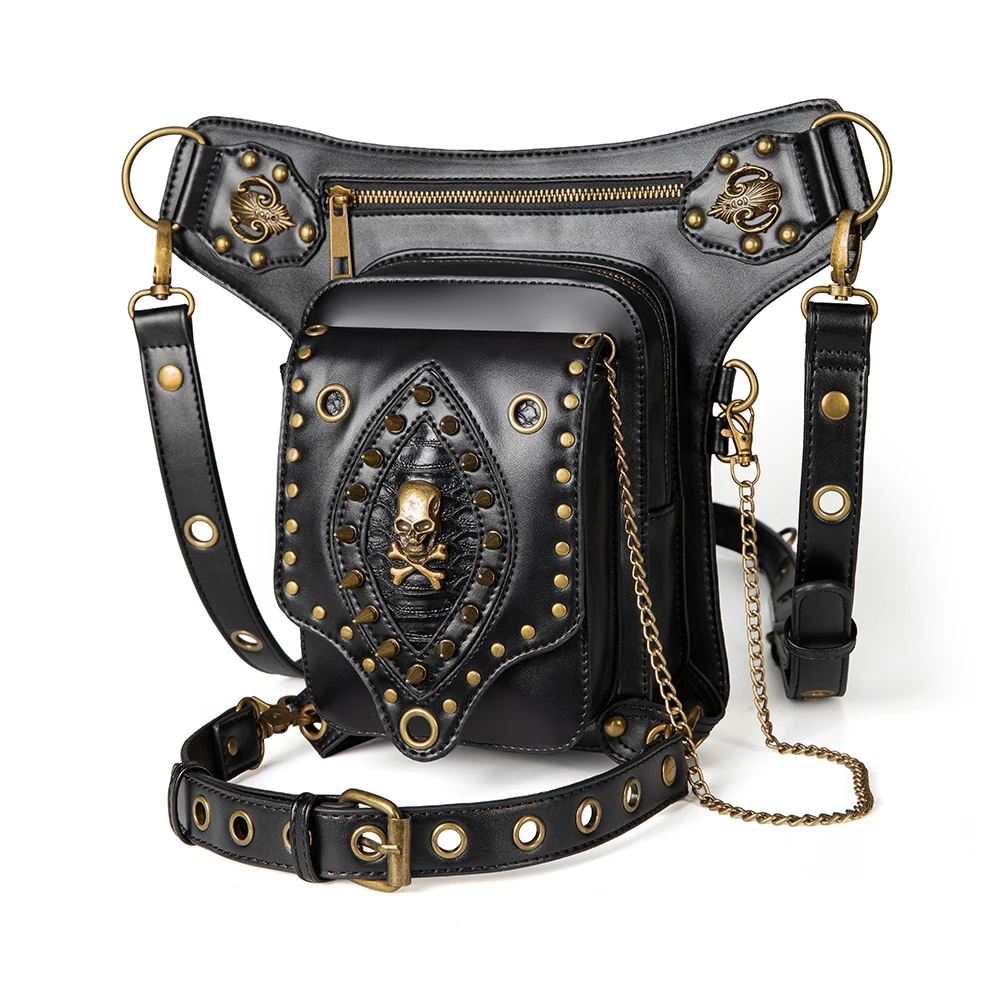 

Steampunk outdoor Fanny pack fashion riveted slung skull women ladies purse crossbody shoulder bags