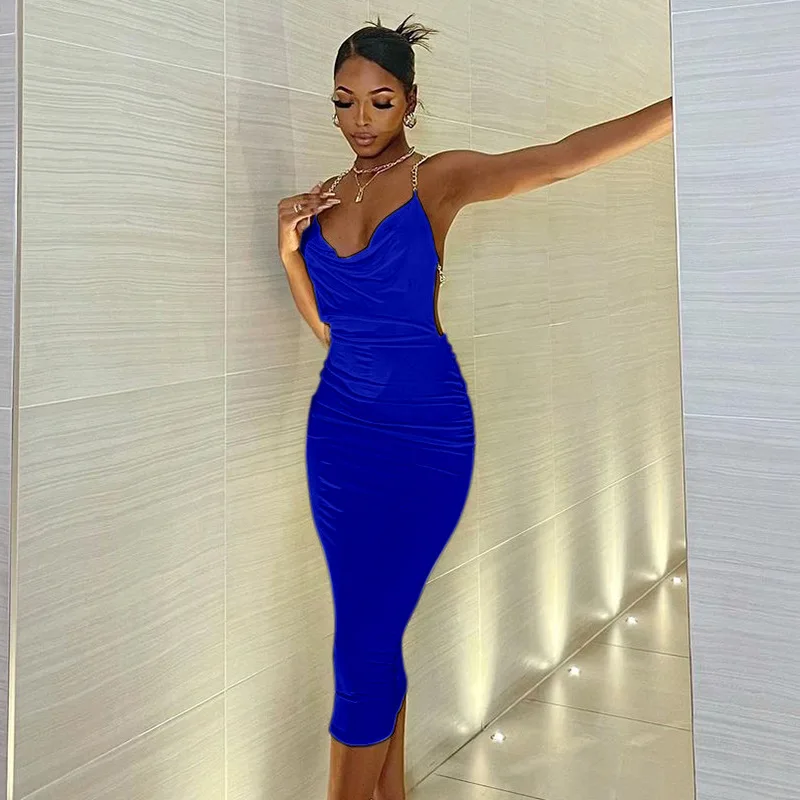 

Summer Solid Color Casual Ladies Chain Pleated Suspender Sexy Dresses 2022 Women Night Club Low Cut Dress
