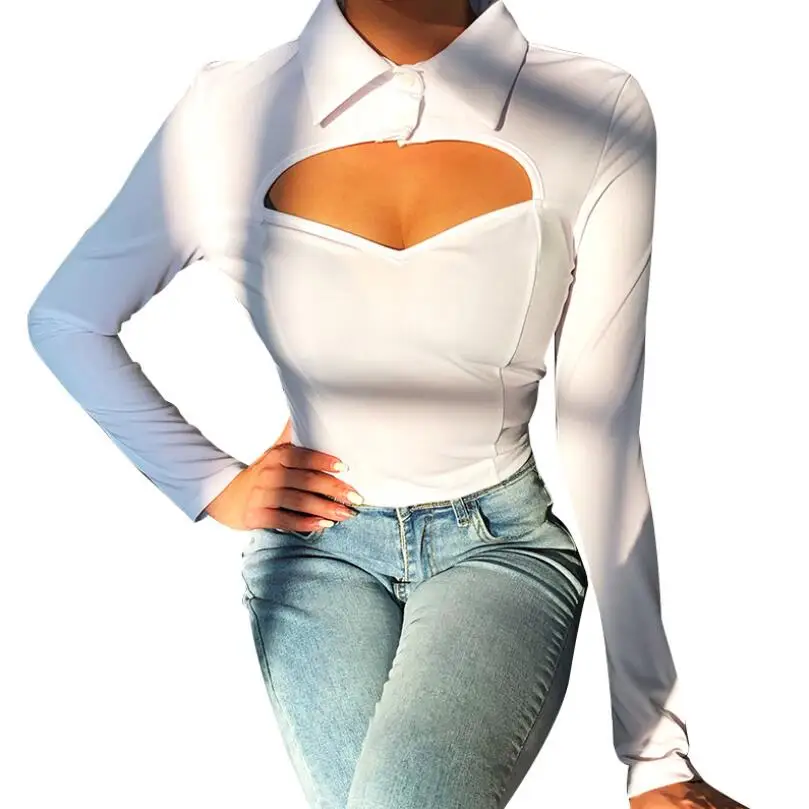 

Long sleeve hollow out sexy crop tops autumn spring shirt women bodycon T-shirts streetwear club outfit C12904