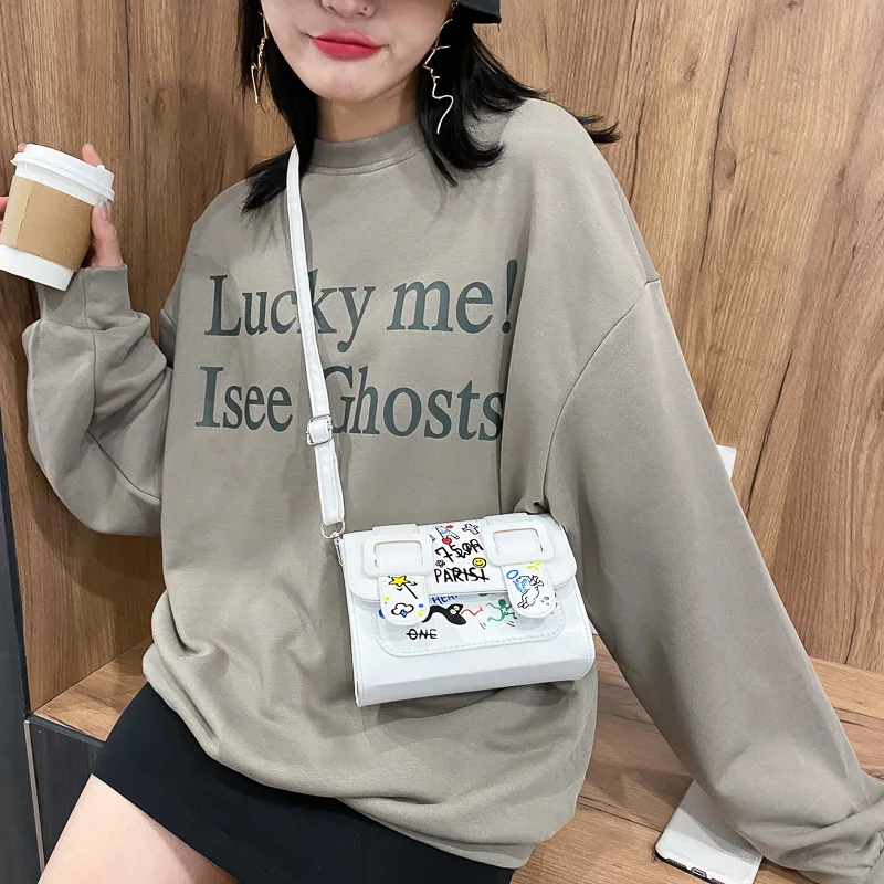 

Fashion Graffiti Painted Shoulder Bags Women PU Leather Belt Buckle Small Square Bag Casual Flap Crossbody Messenger Handbag New