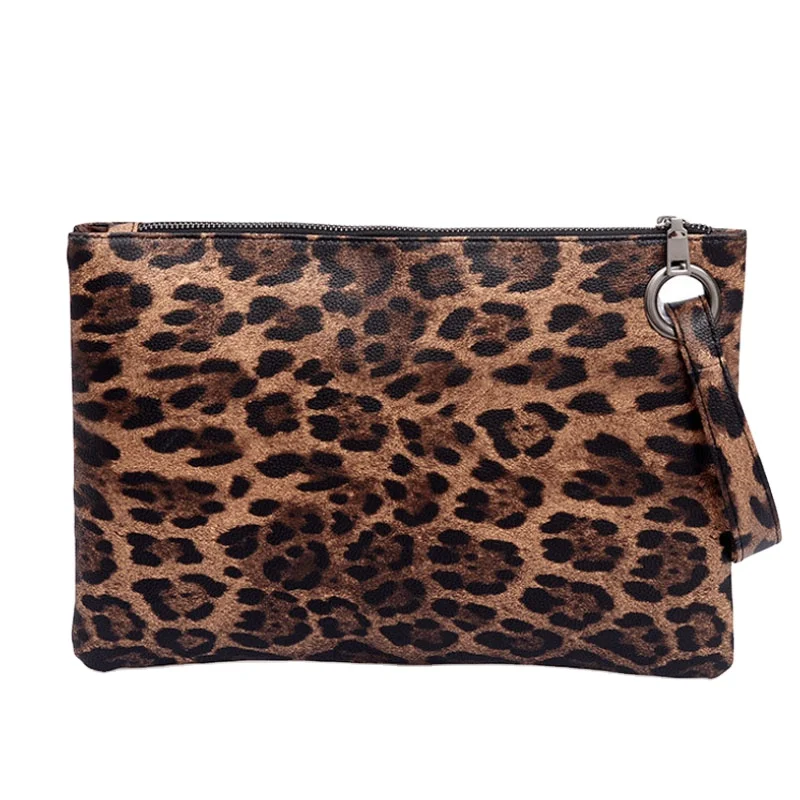 

Leather Pouch Clutch Wholesale Women Oversized Flat Leopard Clutch, Begin, brown, gray
