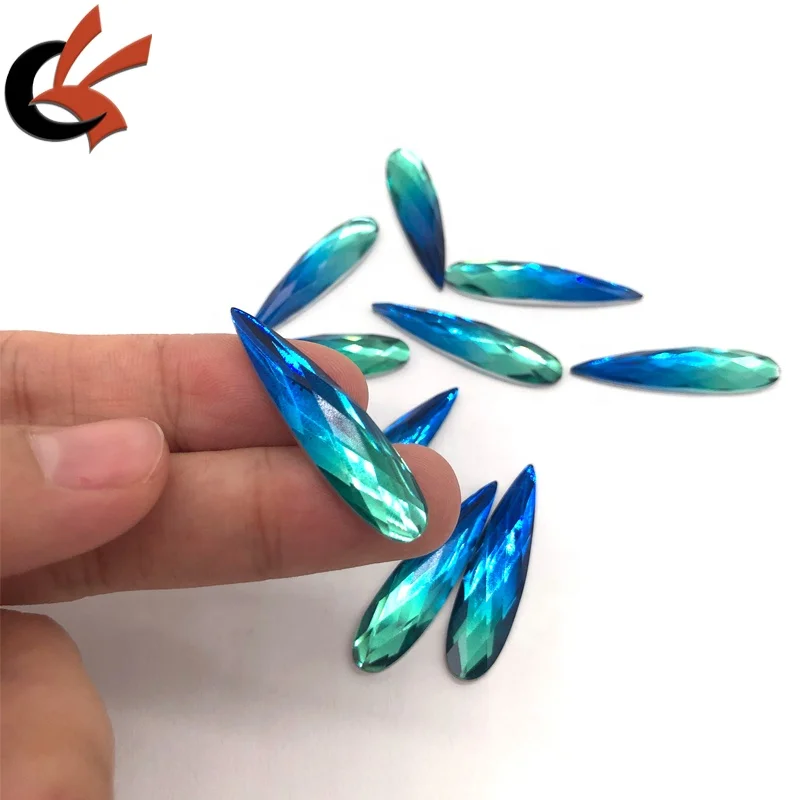 

Ombre Royal and Turquoise Gradient 9x36mm teardrop shape resin rhinestones for garment decoration, Customized is ok