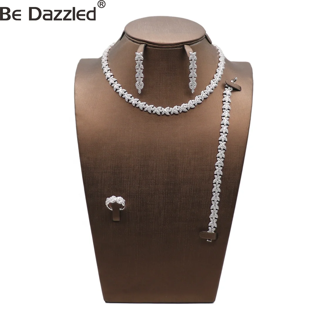 

BEDAZZLED Luxury Charms Wedding Jewelry Sets For Women Full Cubic Zirconia Necklace Earrings Bracelet Ring Dress Accessories