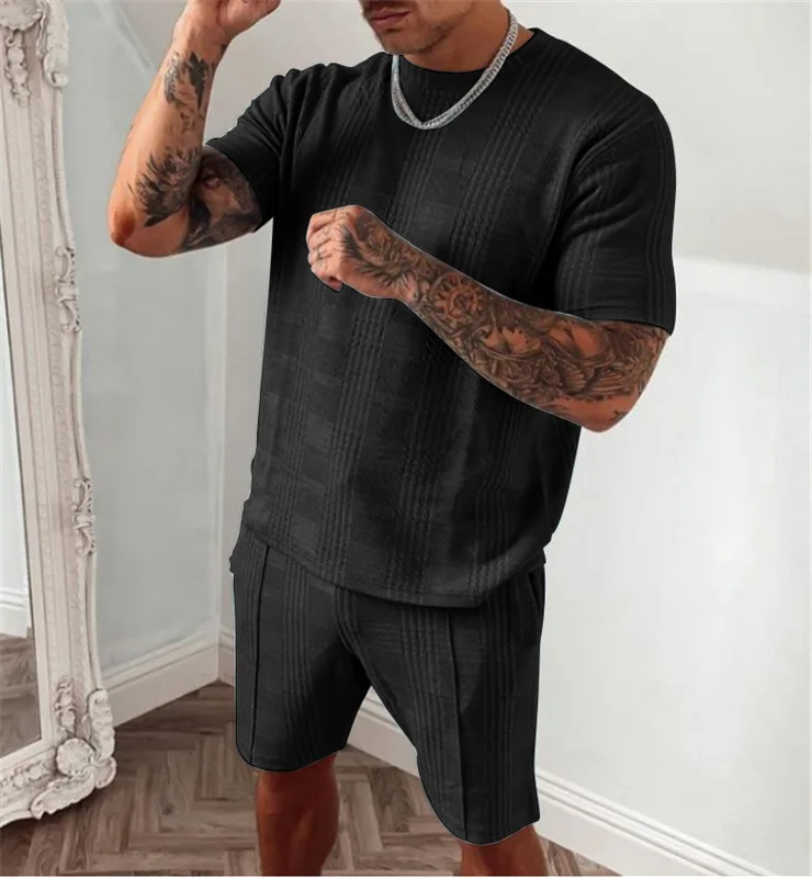 

Men Summer Casual Two Piece Pant Set Solid Color Plus Size Knitted T Shirt Jogger Track Shorts Tracksuit Sweatsuit, Customized color