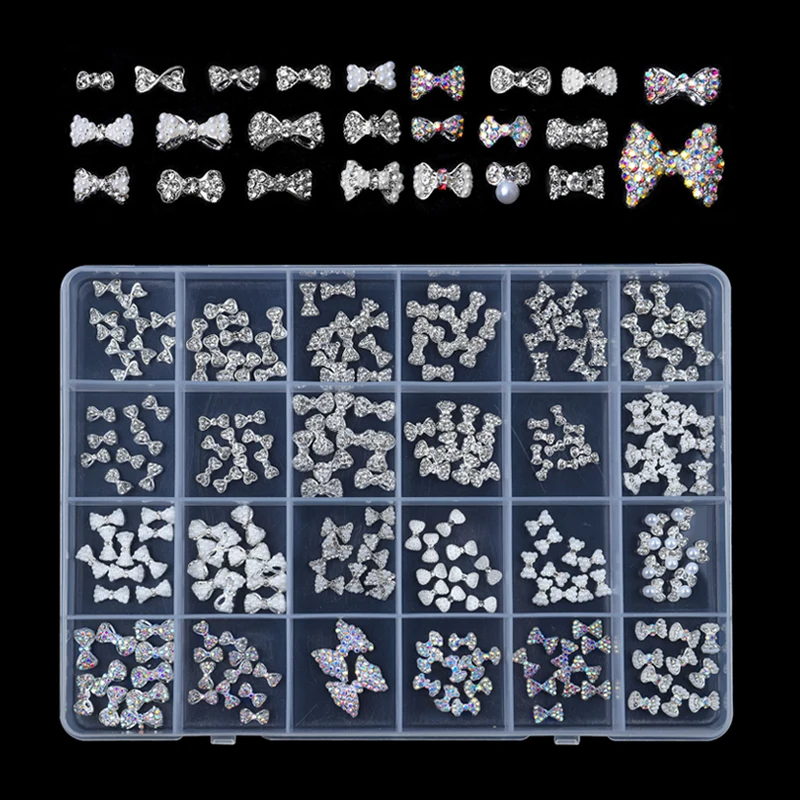 

Fashion Mixed Pearls Bowknots Nail Art Decorations 3D Crystal Bow Shiny Rhinestones Metal Caviar Retro Diamonds Nail Jewelry, Colorful as pictures