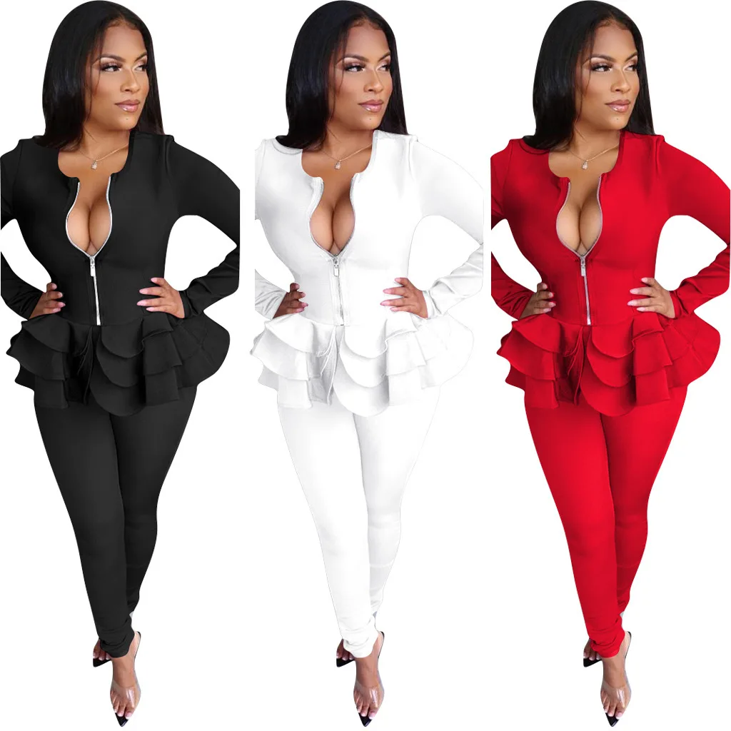 

European and American hot style women's ruffled solid color casual pants suit two-piece