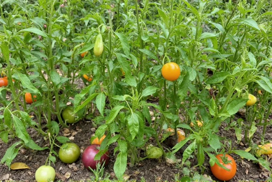 Traditional Balkan garden showing ajvarski pepper plants growing alongside eggplants and tomatoes