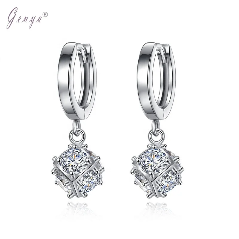 

GENYA High Quality Platinum Plated Huggie Earrings for women bridal Sparkly Cubic 5A Zircon Square Drop Earrings, White gold