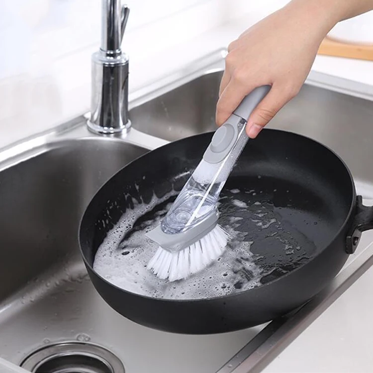 

A2489 Magical Wash Dishes Pot Long Handle Brushes Auto Add Cleaner Liquid Kitchen Household Automatic Cleanser Cleaning Brush, As pic