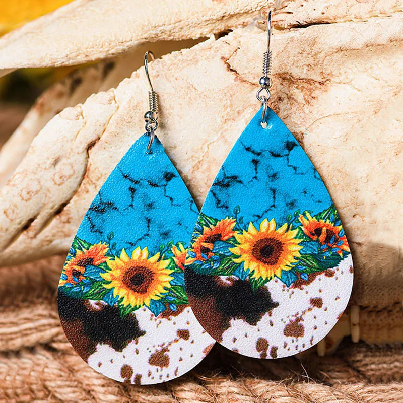 

New Design Retro Fashion Earring Women Amazon Hot Selling Sunflower Flowers Printed Both Sides Boho Earrings Wholesale 2022