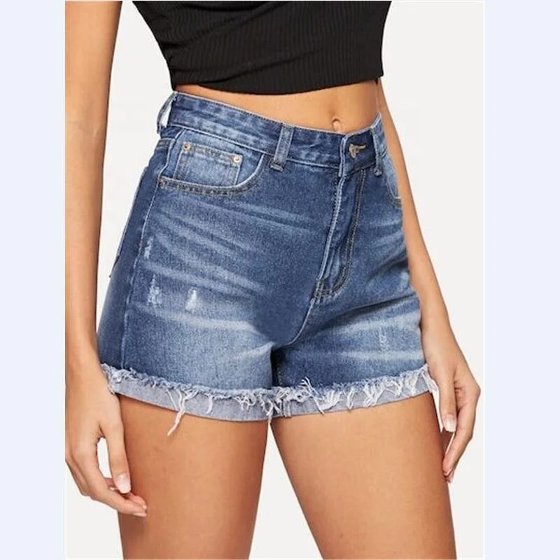 

New Arrival Blue Jeans Streetwear Summer Casual Ladies Fringed Short Jeans Women Clothing, Blue/light blue