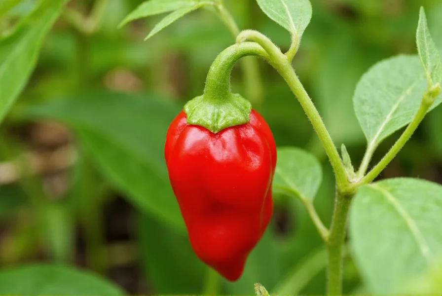 Ghost chili pepper growing on plant showing characteristic wrinkled texture and red coloration