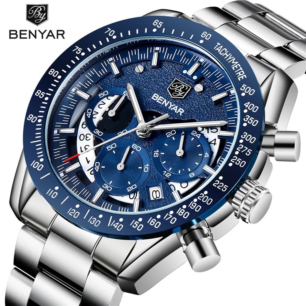 

Men Luxury Brand BENYAR 5120 Fashion Blue Watch Stainless Steel Watch Men Chronograph Watch 2020 Male Clock Relogio Masculino, Black/silver