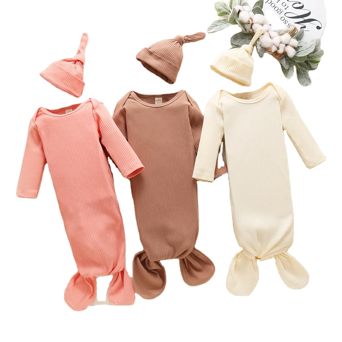 

Custom OEM ODM Newborn Infant Toddler Boys Girls Ribbed Cotton Sleep Gown Baby Knotted Gown With Hat, Photo showed and customized color