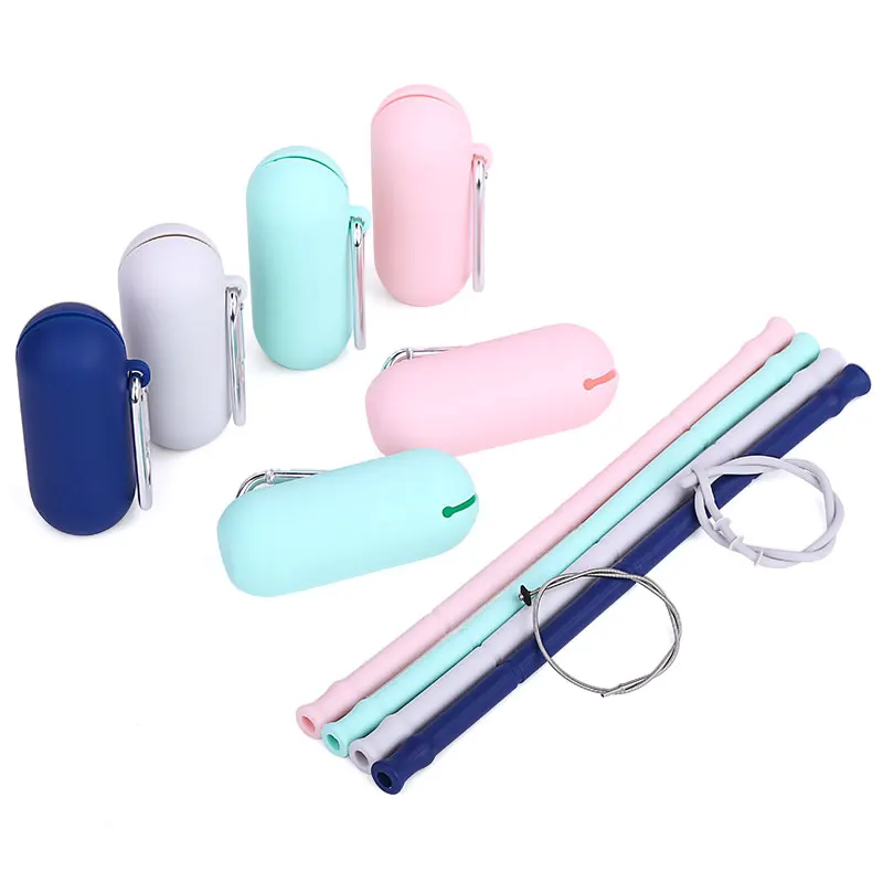 

Reusable Silicone Collapsible Straw Straight Bent Flexible Foldable Straw with Silicone Case, Blue, grey, green, pink