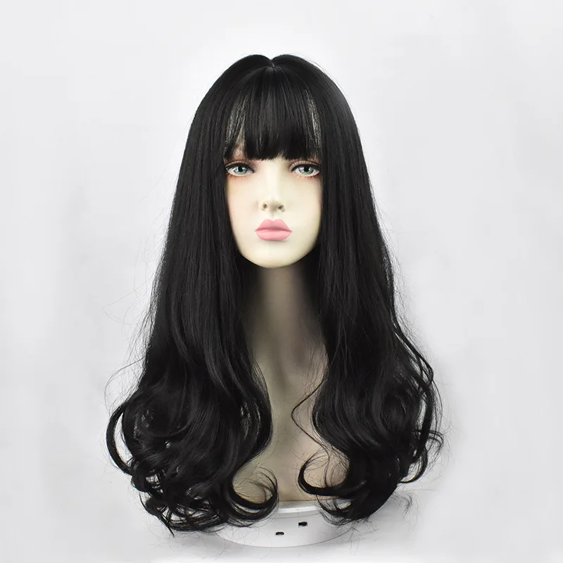 

Women's Black Wig With Bangs Synthetic Big Wavy Long Curly High Temperature Wire Hair Wigs For Black Women, Custom