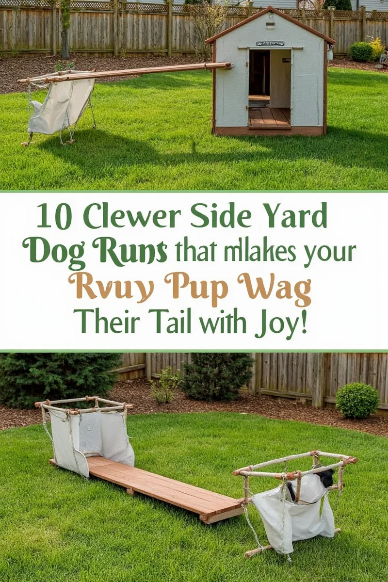 Happy golden retriever playing in a well-designed side yard dog run with various features