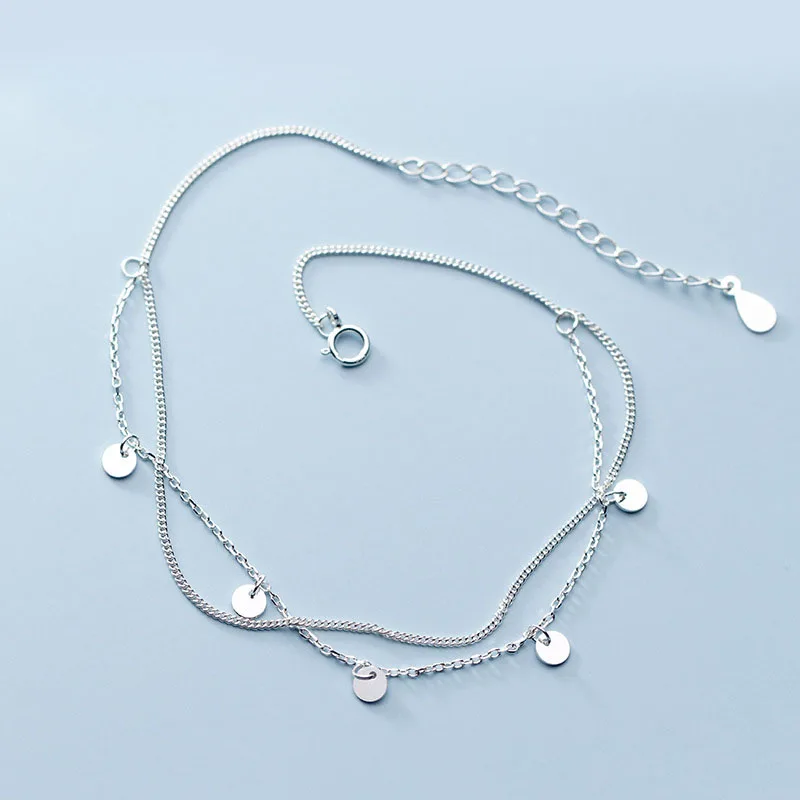 

100% 925 Real Sterling Silver Fashion Double Layer Chain Round Coin Anklets For Women