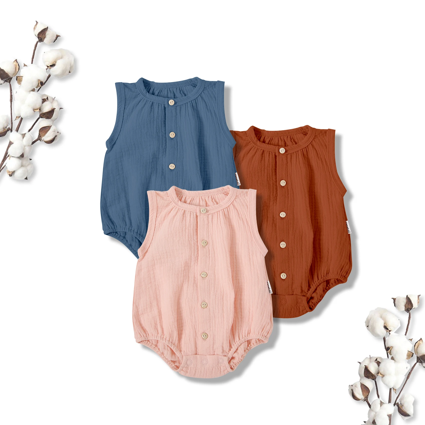 

Hot Sale Short Sleeve bubble romper Solid 100% Cotton Baby Summer Romper Linen Baby Romper, Solid colors