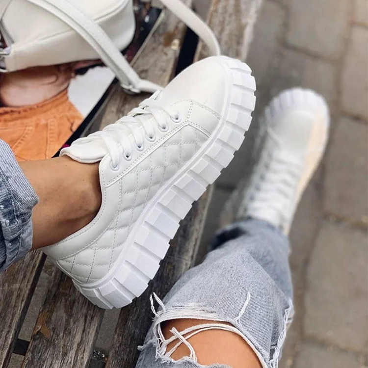 

Women Closed Casual Dress Sneaker Ladies Chunky Outdoor Flat Pumps Casual Shoes, White, black