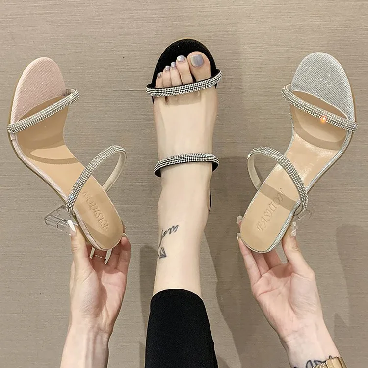 

2021 Hot Sale Women's Fashion Slippers High Heel Large Size Rhinestone Sandals Women's Summer Shoes, Black,pink,silver