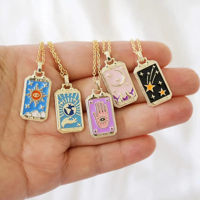 

Retro Tarot Card Element Dropping Oil Luxury Design Popular Jewelry Necklace can low MOQ customized