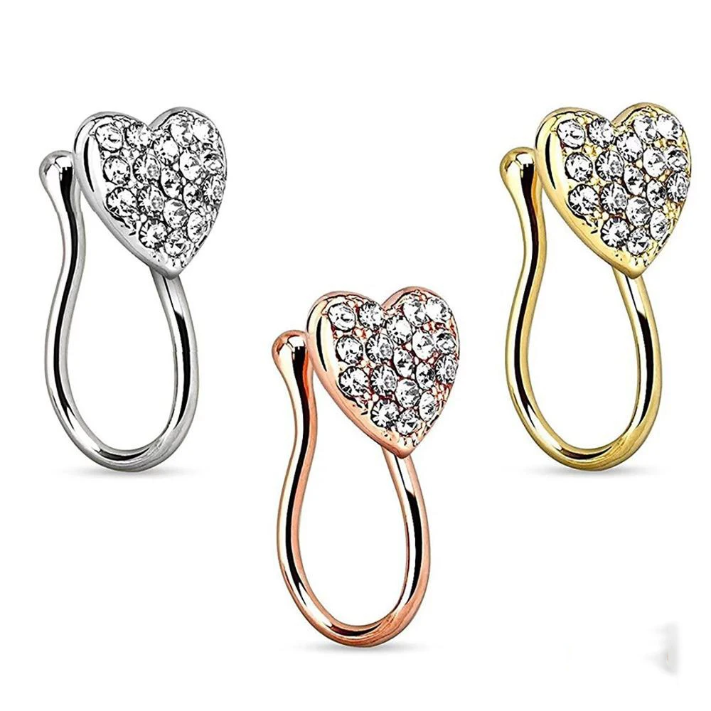 

Stainless Steel Heart Shaped Rhinestone Rose Gold Clip False Nose Ring Septum Rings Nose Rings For Women Body Clip, Picture shows